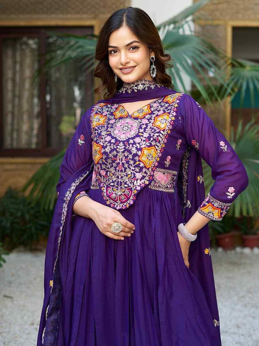 Purple Star Georgette Embroidered Festival Party Gown