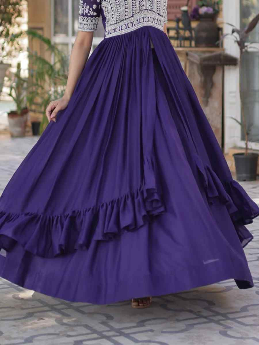 Purple Star Georgette Embroidery Reception Party Wear Kurti Lehenga Choli