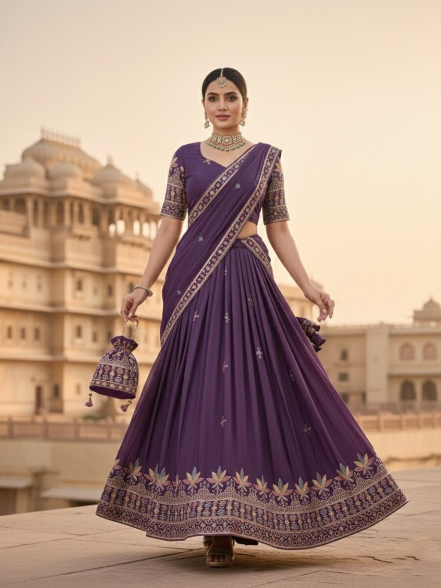 Purple Star Georgette Embroidery Wedding Party Festival Heavy Border Lehenga Choli