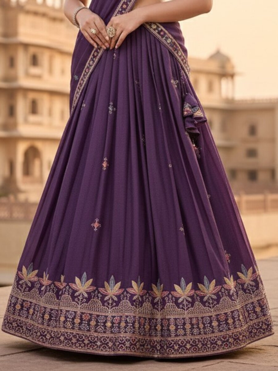 Purple Star Georgette Embroidery Wedding Party Festival Heavy Border Lehenga Choli