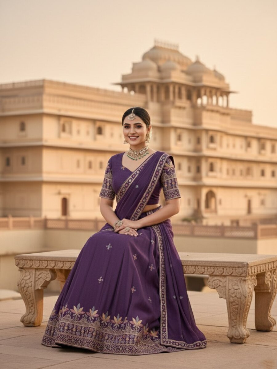 Purple Star Georgette Embroidery Wedding Party Festival Heavy Border Lehenga Choli