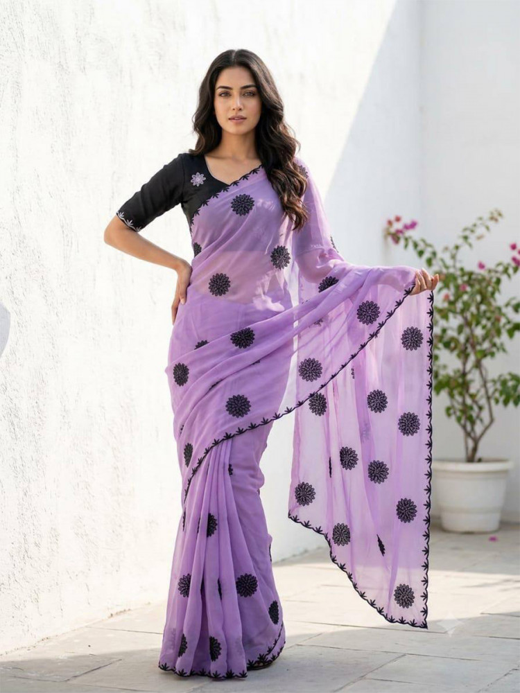 Image of Purple Star Georgette Embroidery Wedding Reception Party Festival Casual Heavy Border Sarees