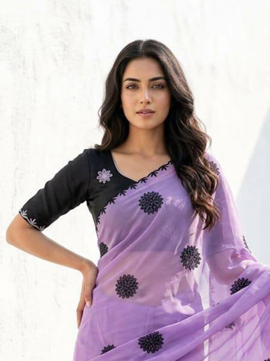 Purple Star Georgette Embroidery Wedding Reception Party Festival Casual Heavy Border Sarees