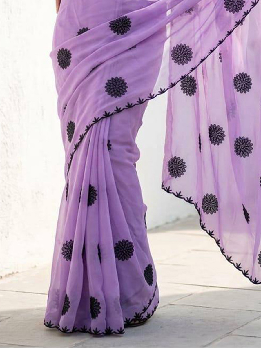 Purple Star Georgette Embroidery Wedding Reception Party Festival Casual Heavy Border Sarees