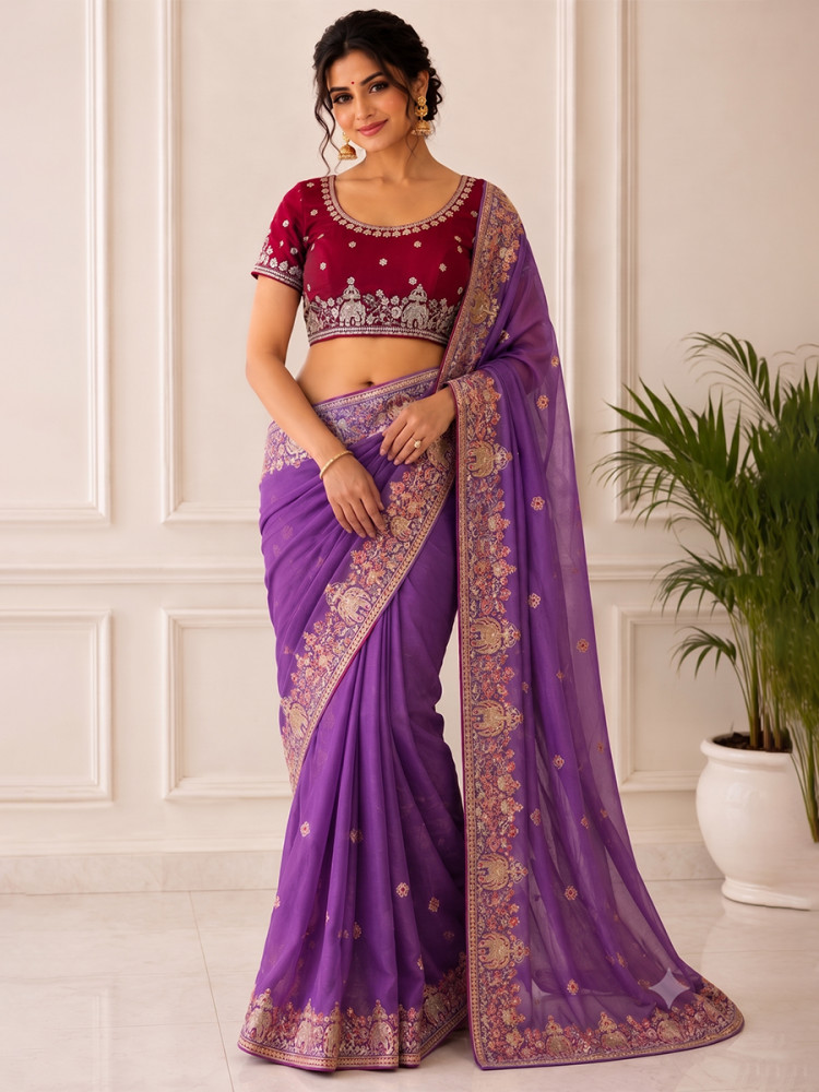 Image of Purple Star Georgette Embroidery Wedding Reception Party Festival Casual Heavy Border Sarees