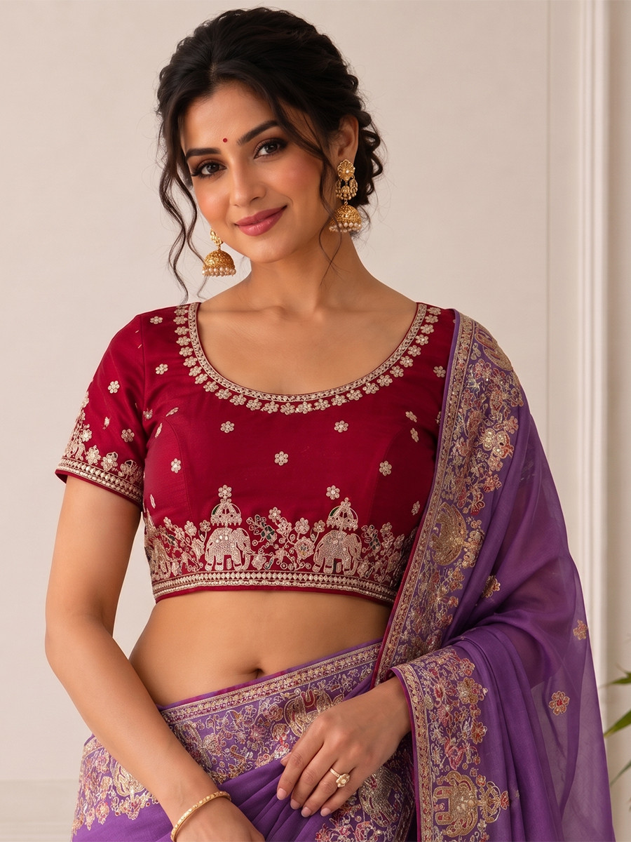 Purple Star Georgette Embroidery Wedding Reception Party Festival Casual Heavy Border Sarees