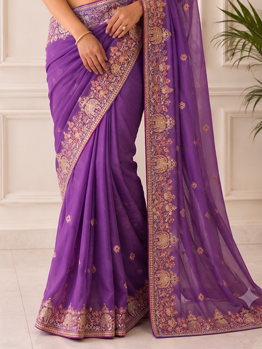 Purple Star Georgette Embroidery Wedding Reception Party Festival Casual Heavy Border Sarees