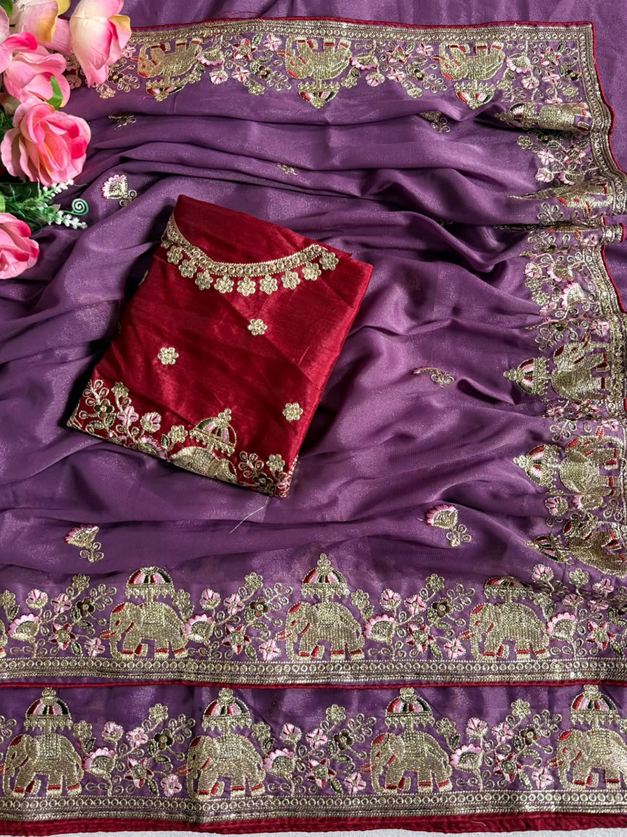 Purple Star Georgette Embroidery Wedding Reception Party Festival Casual Heavy Border Sarees