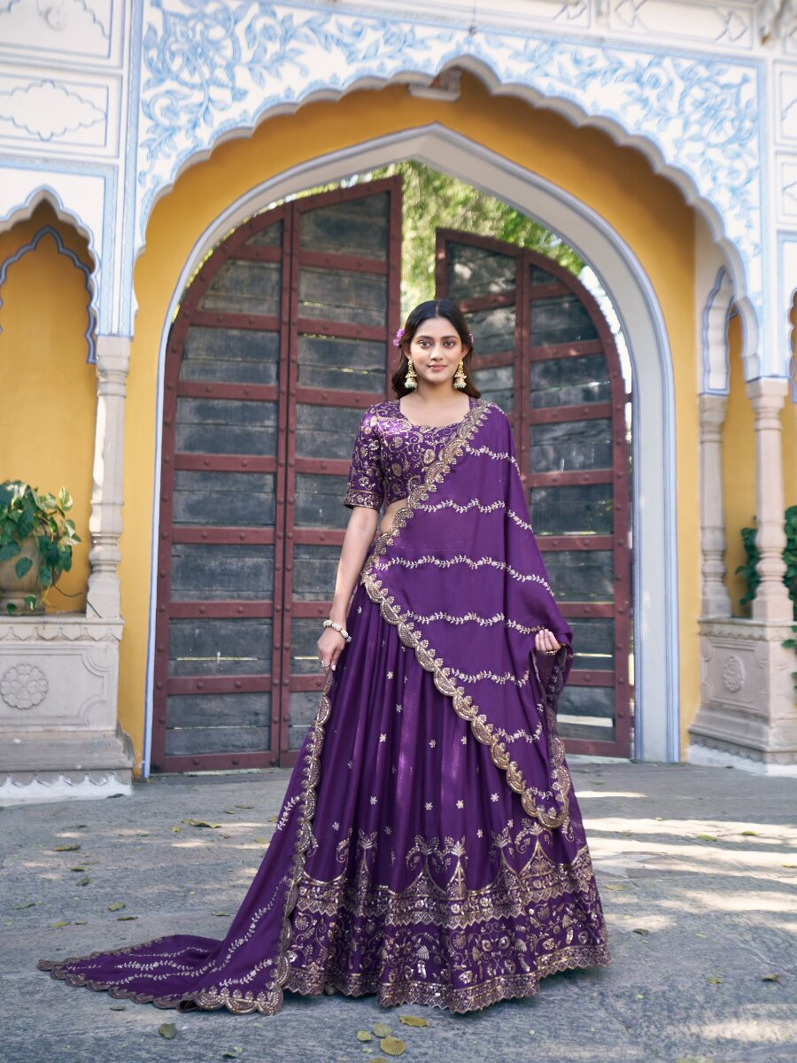 Purple Star Georgette Embroidery Zari Sequins Wedding Reception Party Wear Festival Heavy Border Lehenga Choli