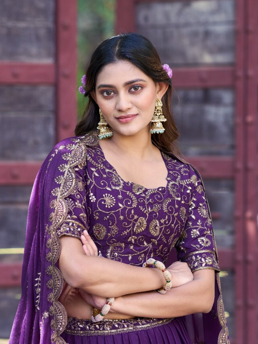 Purple Star Georgette Embroidery Zari Sequins Wedding Reception Party Wear Festival Heavy Border Lehenga Choli