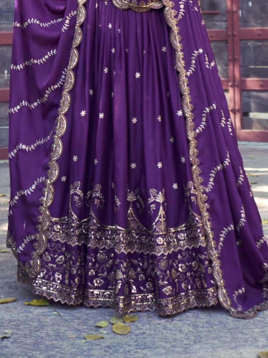 Purple Star Georgette Embroidery Zari Sequins Wedding Reception Party Wear Festival Heavy Border Lehenga Choli