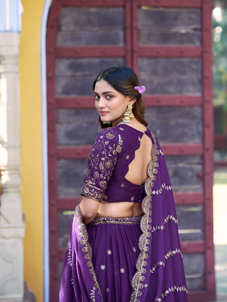 Purple Star Georgette Embroidery Zari Sequins Wedding Reception Party Wear Festival Heavy Border Lehenga Choli