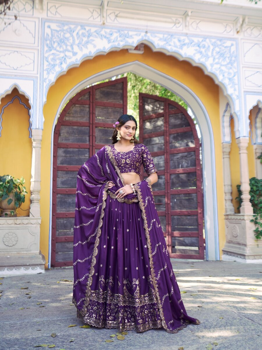 Purple Star Georgette Embroidery Zari Sequins Wedding Reception Party Wear Festival Heavy Border Lehenga Choli