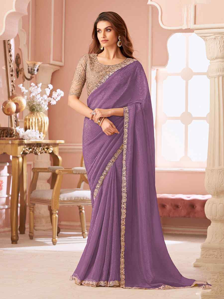 Purple Sunshine Georgette Embroidery Bridal Reception Festival Wedding Fancy Heavy Border Saree