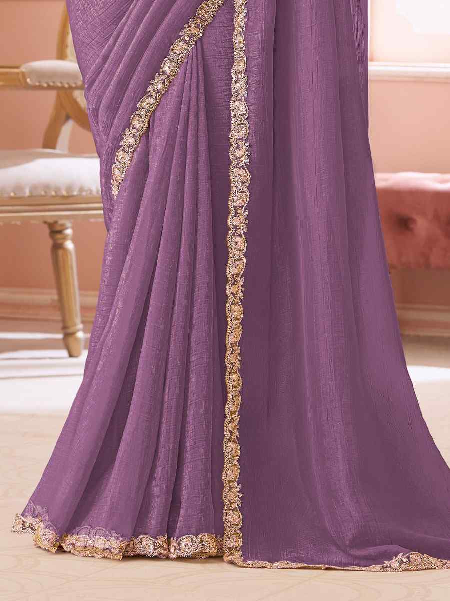 Purple Sunshine Georgette Embroidery Bridal Reception Festival Wedding Fancy Heavy Border Saree