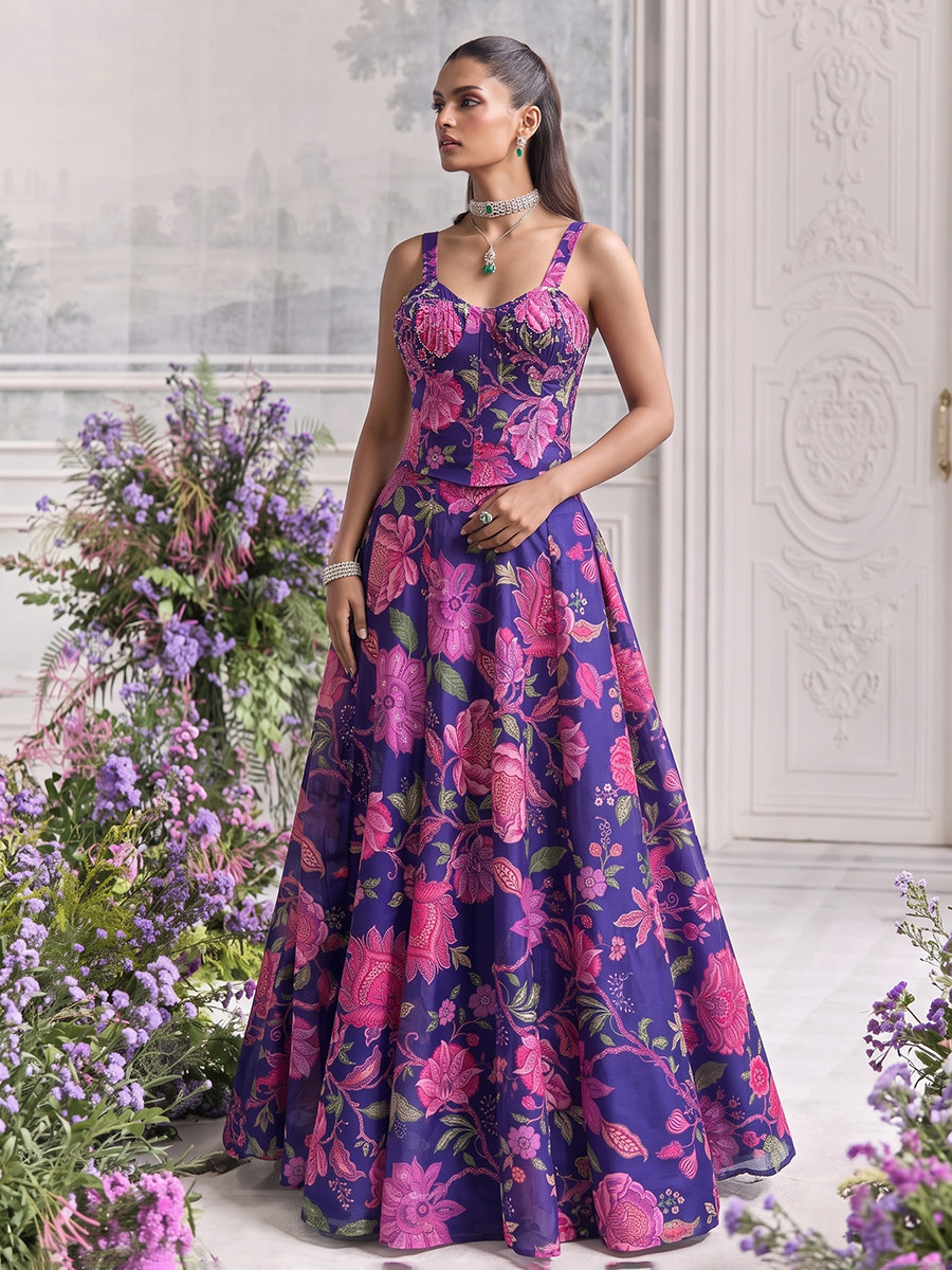 Purple Tabby Organza Printed Wedding Reception Party Wear Festival Ready Contemporary Lehenga Choli