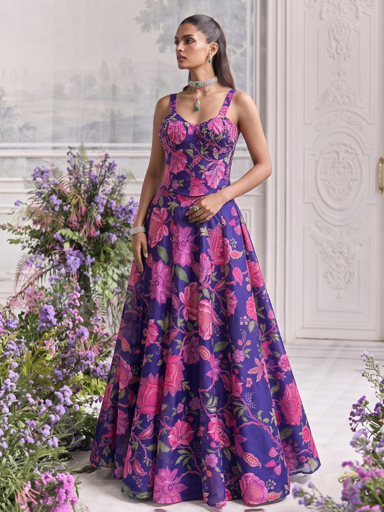 Image of Purple Tabby Organza Printed Wedding Reception Party Wear Festival Ready Contemporary Lehenga Choli