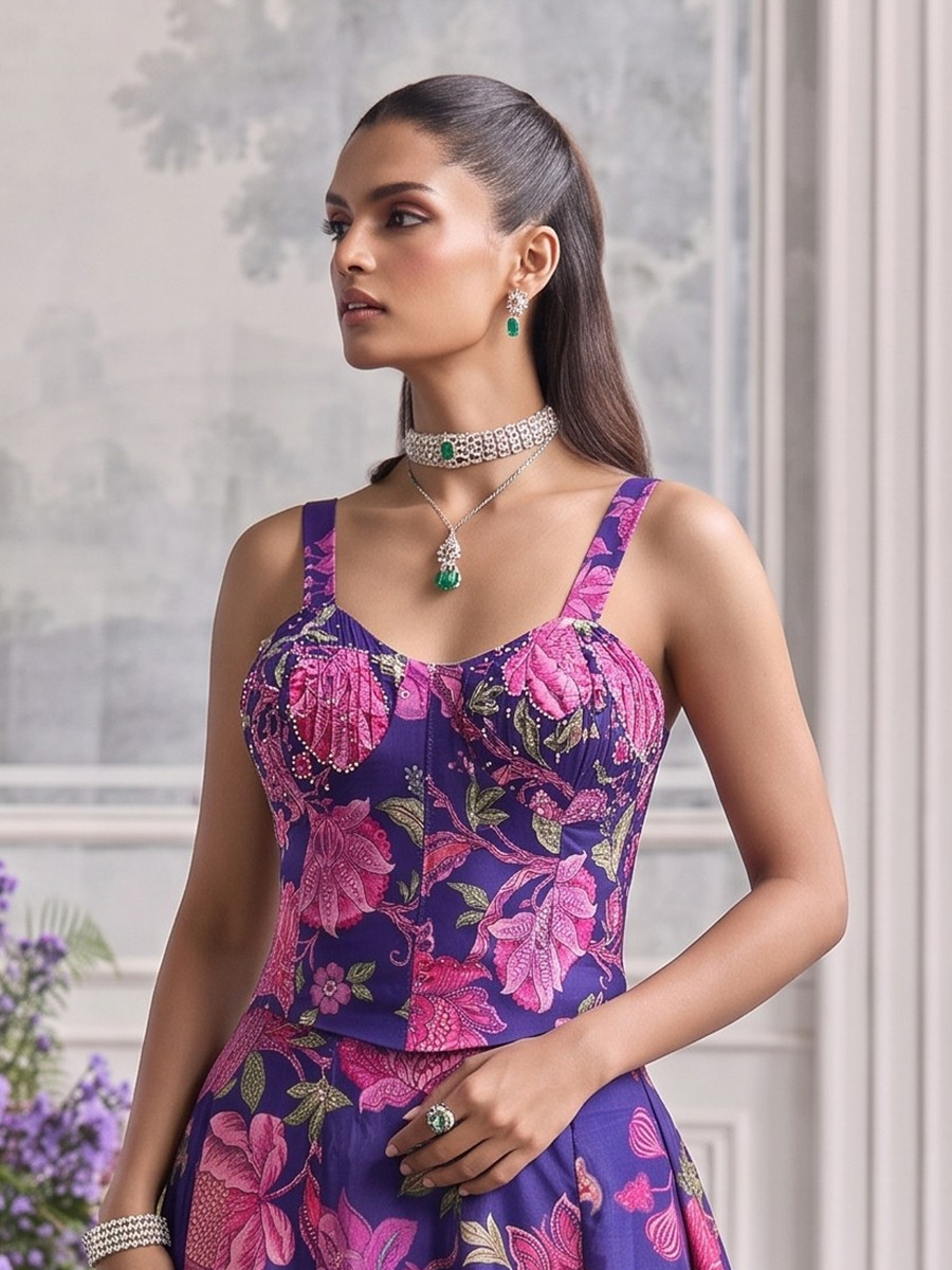 Purple Tabby Organza Printed Wedding Reception Party Wear Festival Ready Contemporary Lehenga Choli