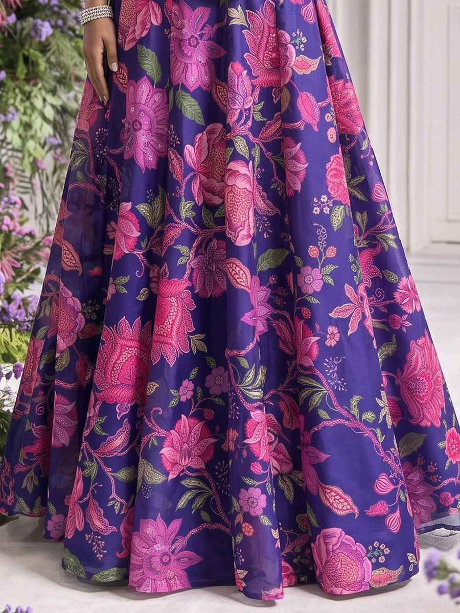 Purple Tabby Organza Printed Wedding Reception Party Wear Festival Ready Contemporary Lehenga Choli