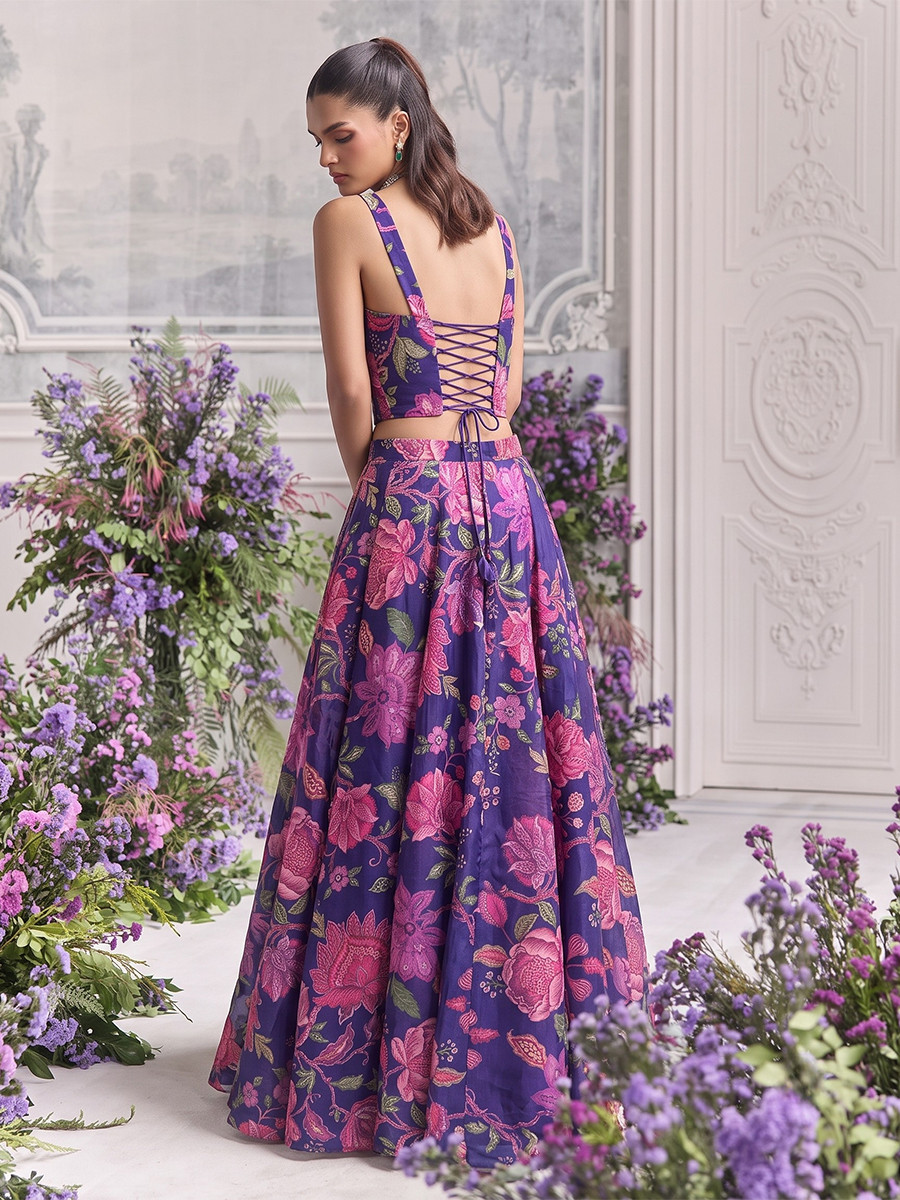 Purple Tabby Organza Printed Wedding Reception Party Wear Festival Ready Contemporary Lehenga Choli