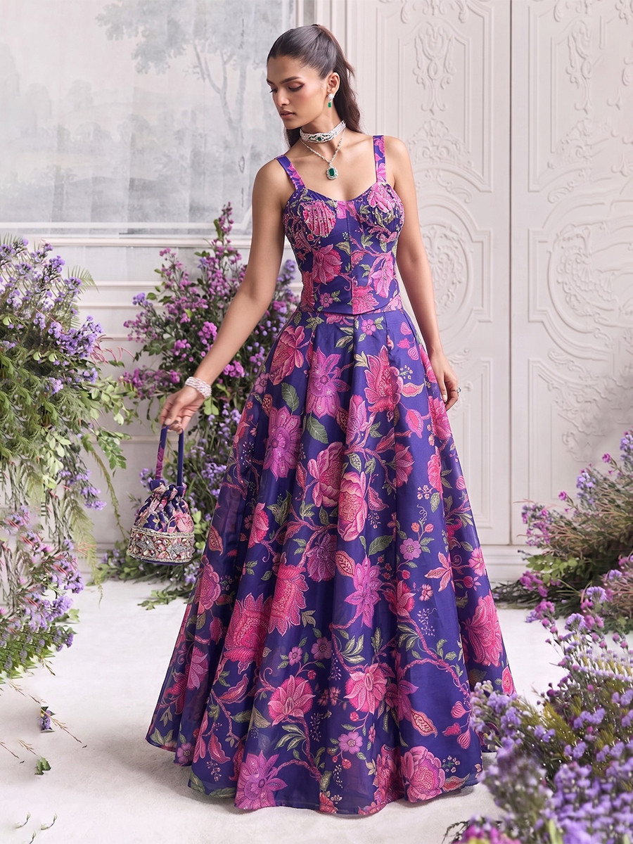 Purple Tabby Organza Printed Wedding Reception Party Wear Festival Ready Contemporary Lehenga Choli
