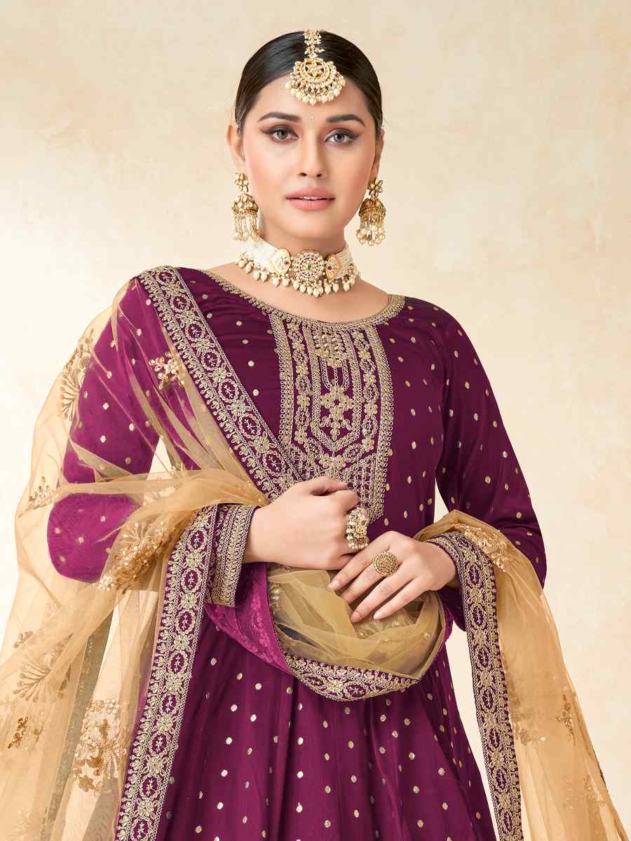 Purple Tafeta Butti Embroidered Wedding Festival Anarkali Salwar Kameez