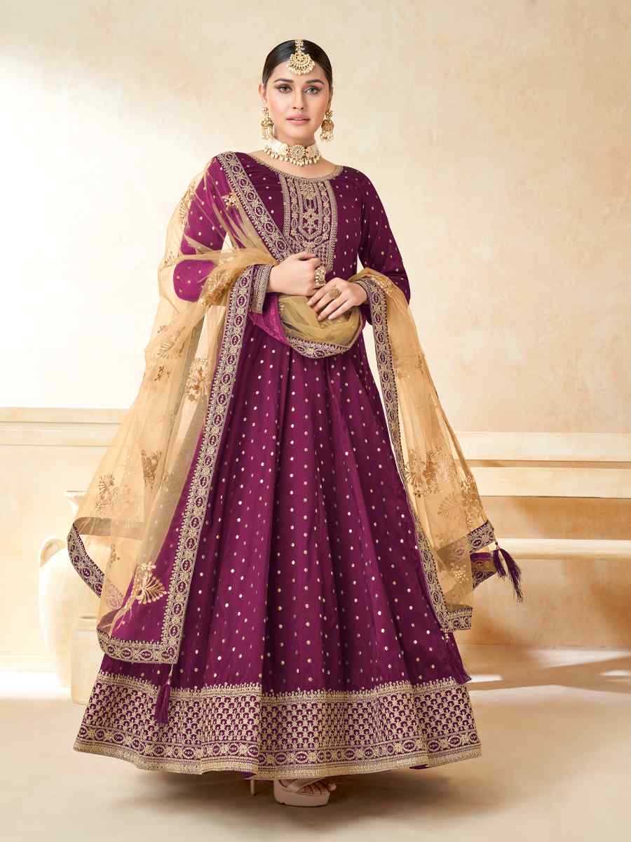 Purple Tafeta Butti Embroidered Wedding Festival Anarkali Salwar Kameez