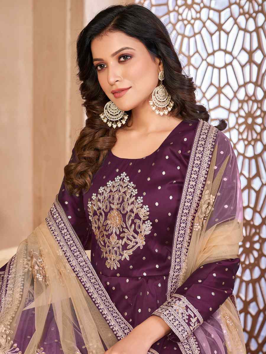 Purple Taffeta Butti Embroidered Party Wedding Anarkali Salwar Kameez