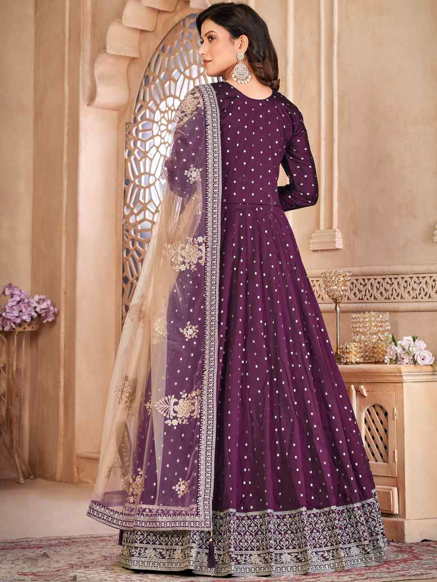 Purple Taffeta Butti Embroidered Party Wedding Anarkali Salwar Kameez