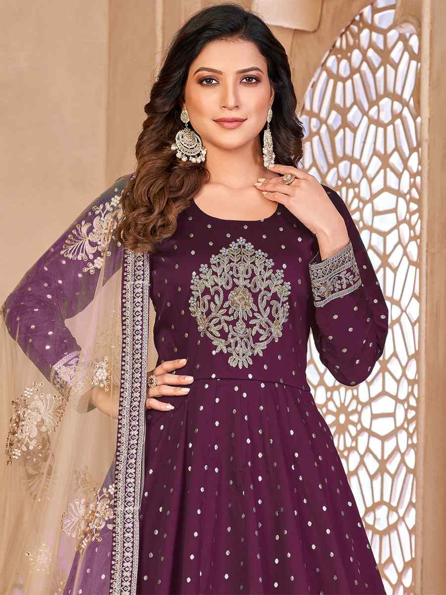 Purple Taffeta Butti Embroidered Party Wedding Anarkali Salwar Kameez