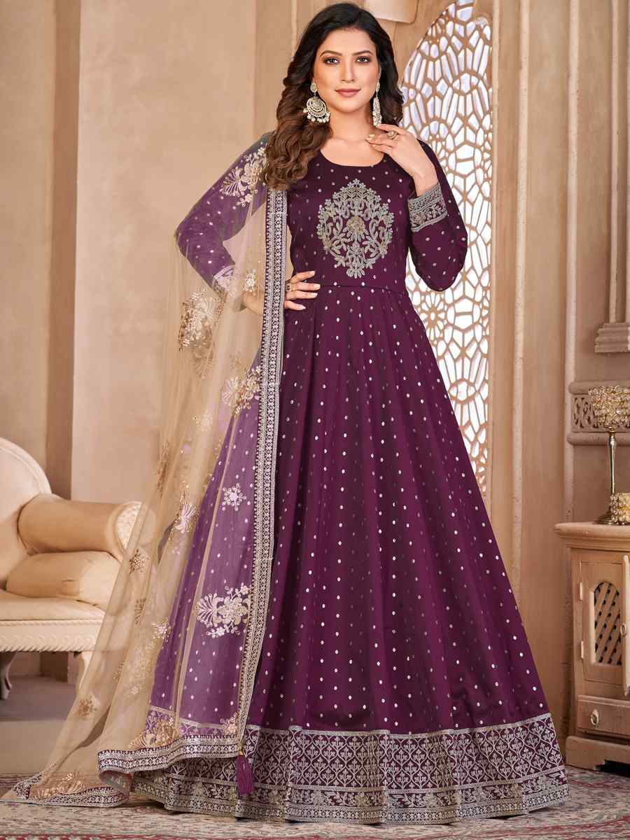 Purple Taffeta Butti Embroidered Party Wedding Anarkali Salwar Kameez