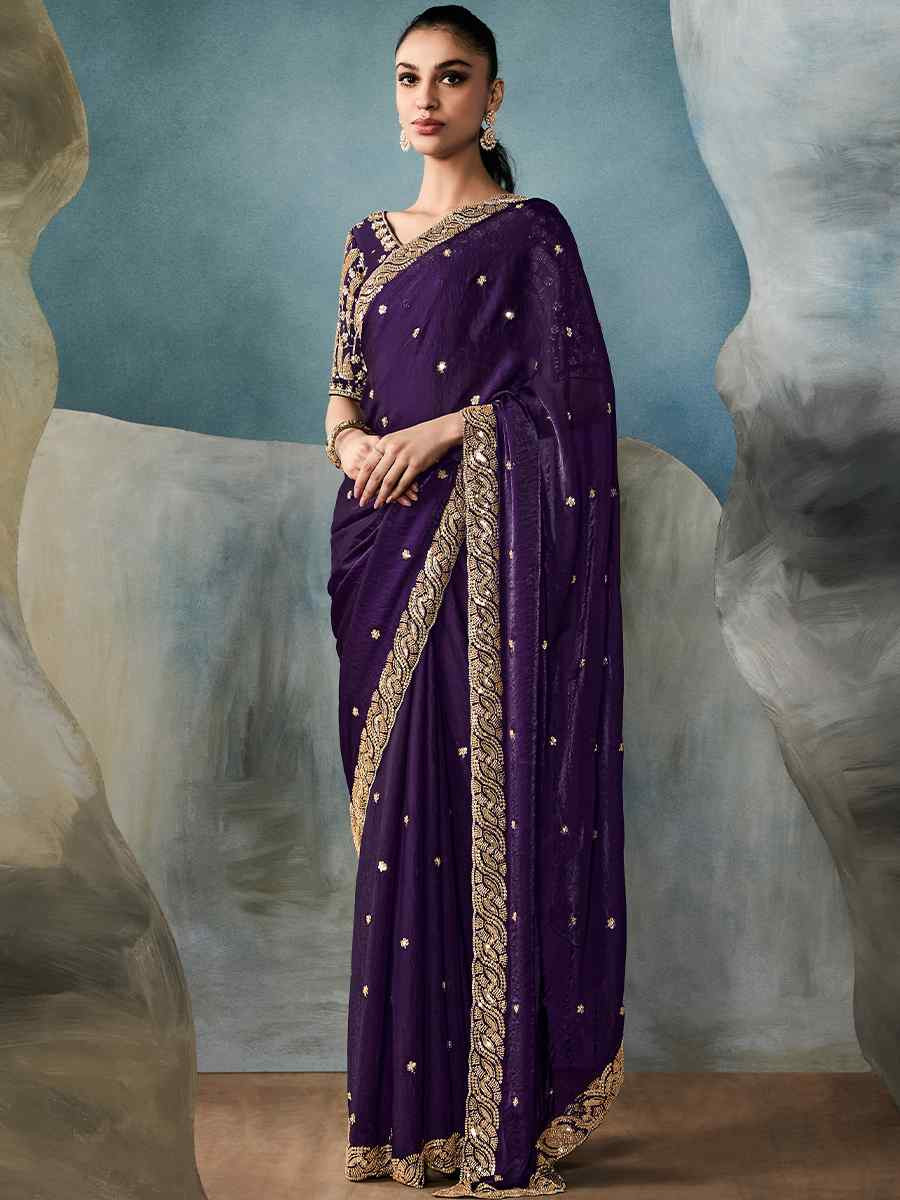Purple Tissue Embroidered Festival Wedding Fancy Heavy Border Saree