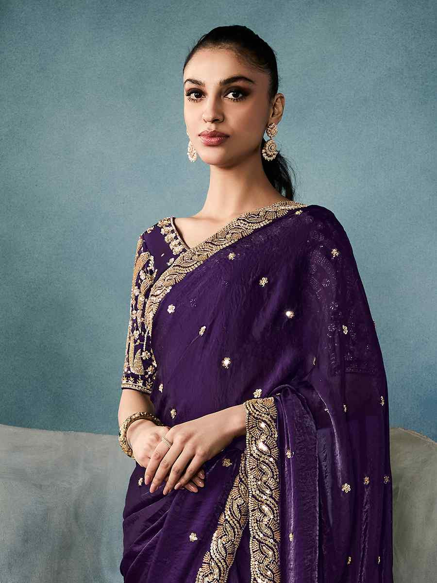 Purple Tissue Embroidered Festival Wedding Fancy Heavy Border Saree
