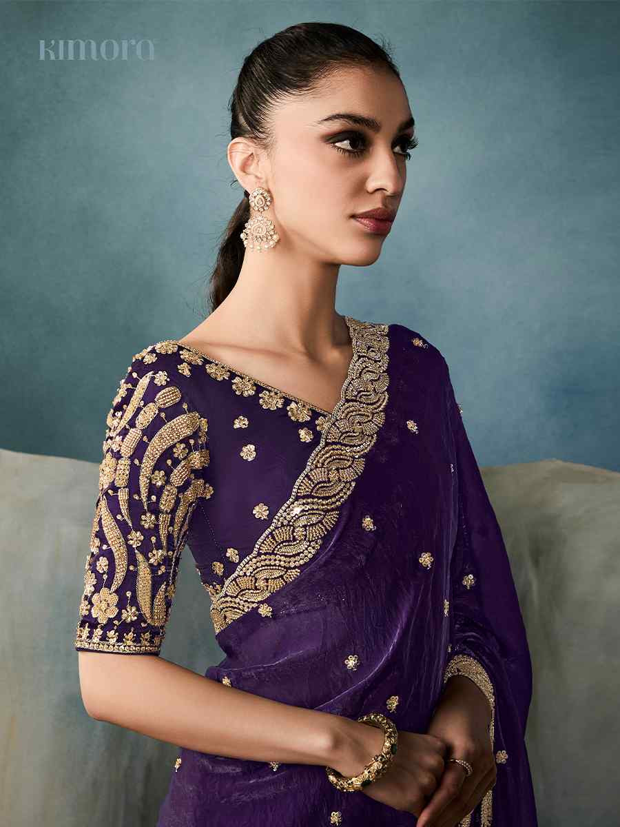 Purple Tissue Embroidered Festival Wedding Fancy Heavy Border Saree