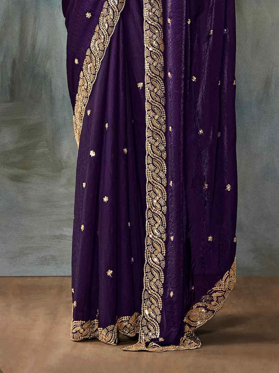 Purple Tissue Embroidered Festival Wedding Fancy Heavy Border Saree