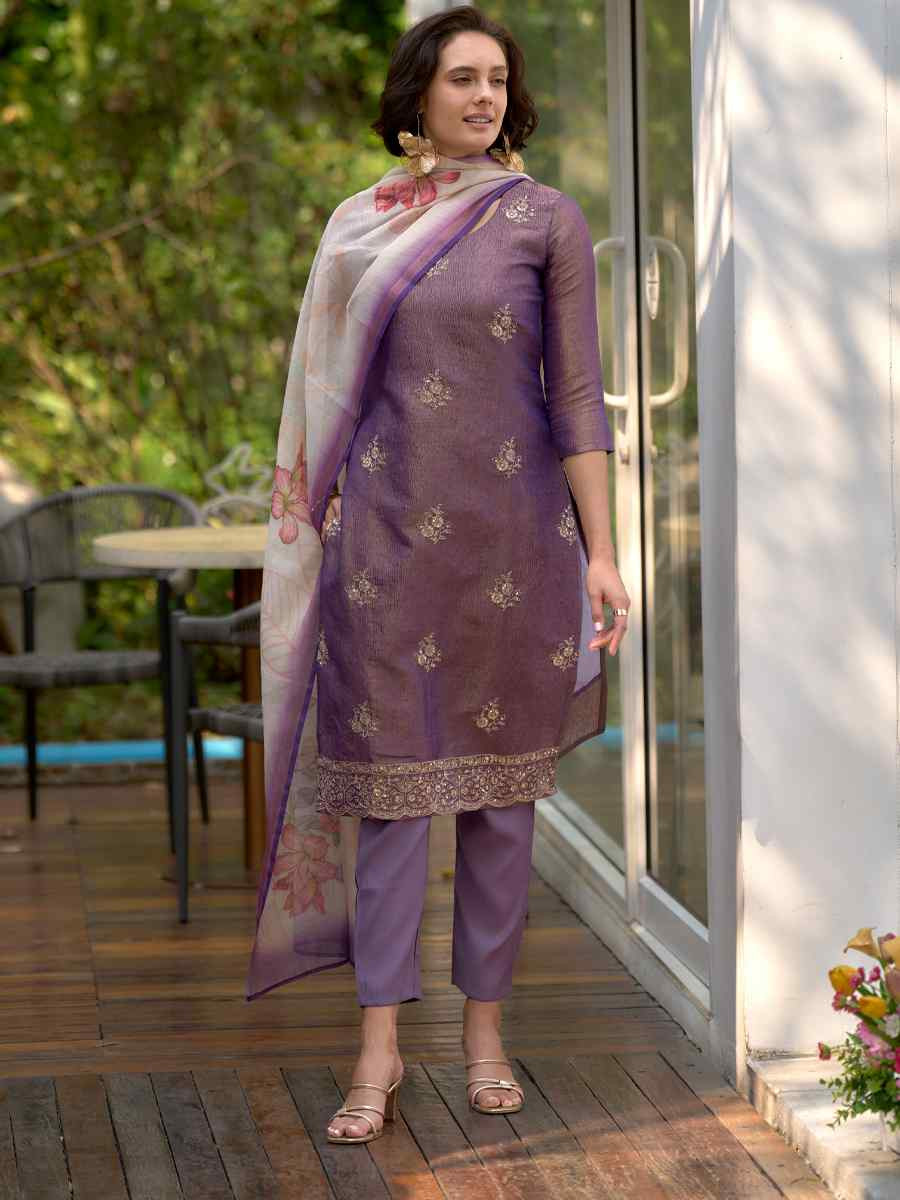 Purple Tissue Embroidered Party Wedding Ready Pant Salwar Kameez