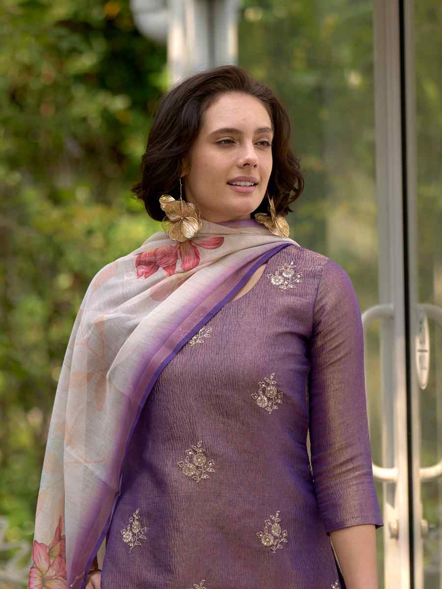 Purple Tissue Embroidered Party Wedding Ready Pant Salwar Kameez