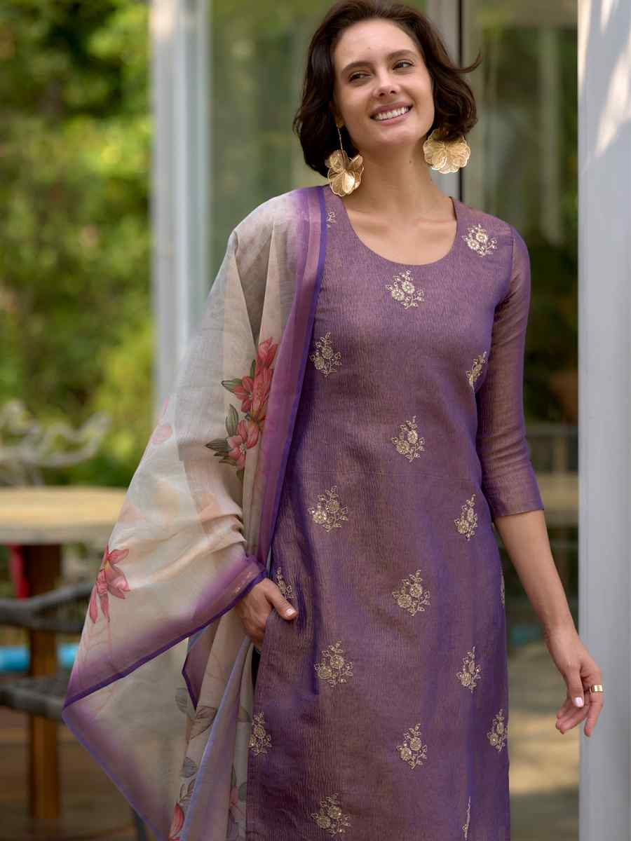 Purple Tissue Embroidered Party Wedding Ready Pant Salwar Kameez