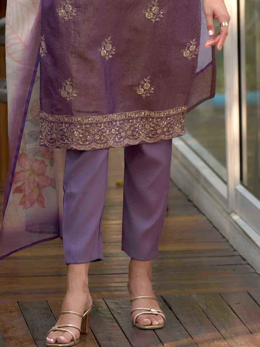 Purple Tissue Embroidered Party Wedding Ready Pant Salwar Kameez