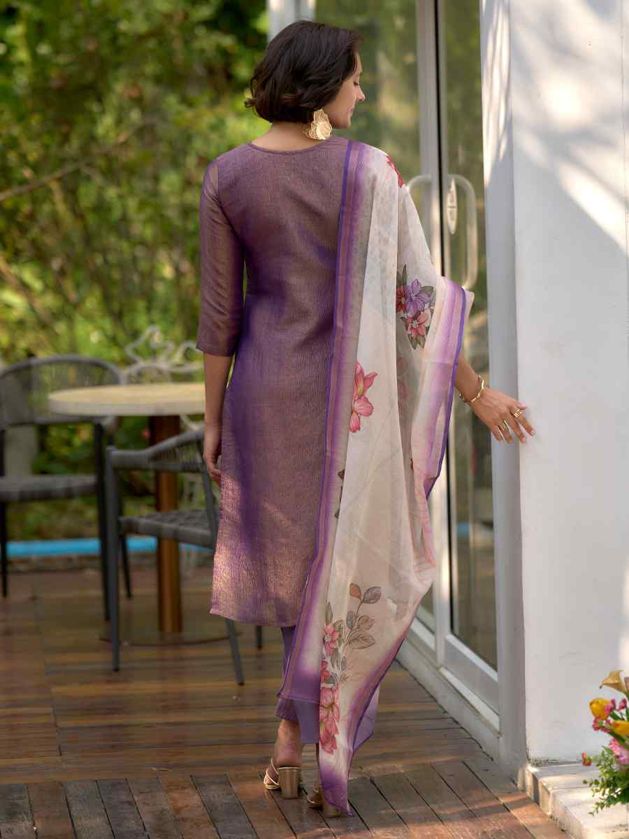 Purple Tissue Embroidered Party Wedding Ready Pant Salwar Kameez