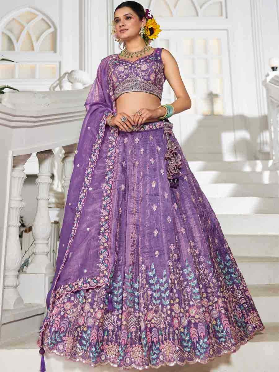 Purple Tissue Embroidered Reception Wedding Heavy Border Lehenga Choli