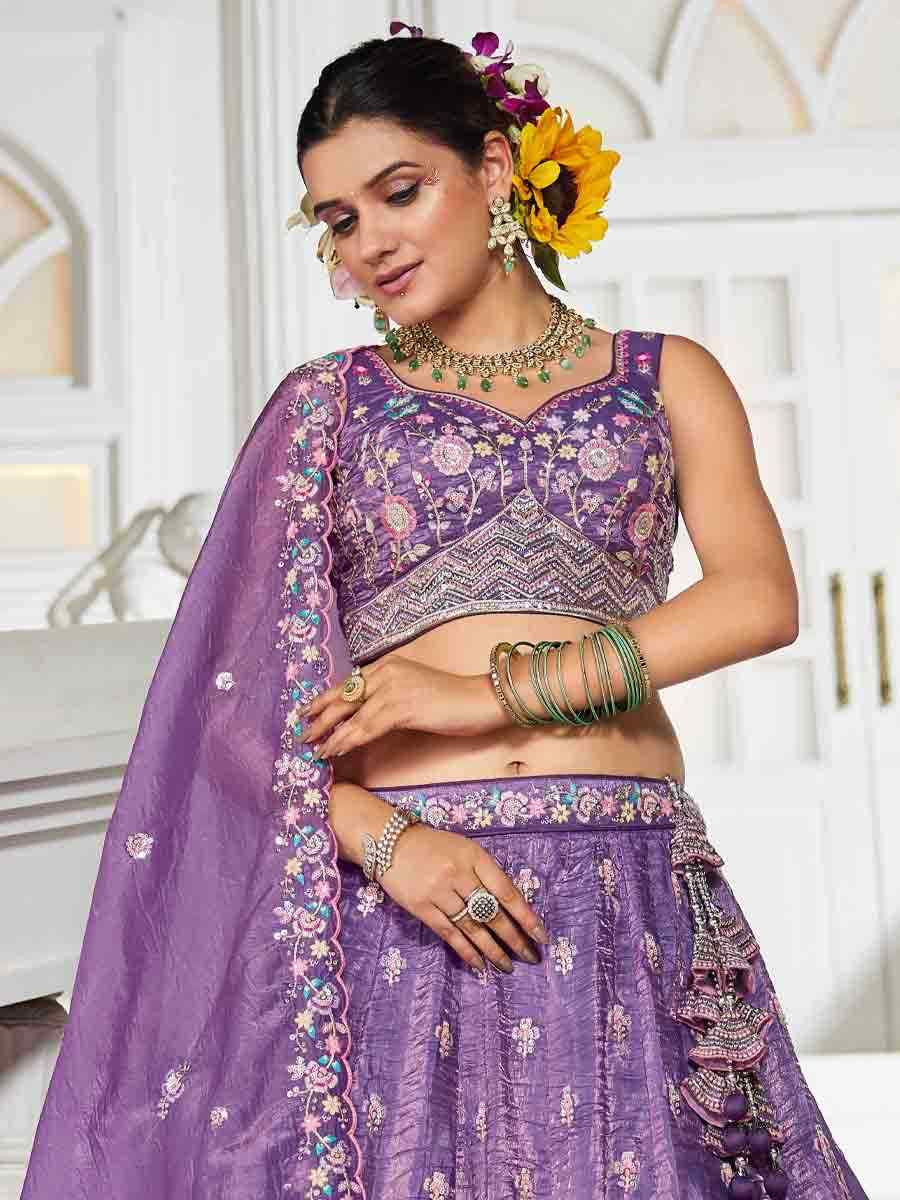 Purple Tissue Embroidered Reception Wedding Heavy Border Lehenga Choli