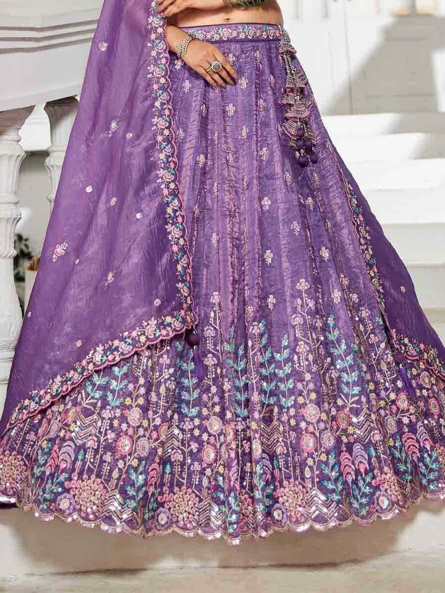 Purple Tissue Embroidered Reception Wedding Heavy Border Lehenga Choli