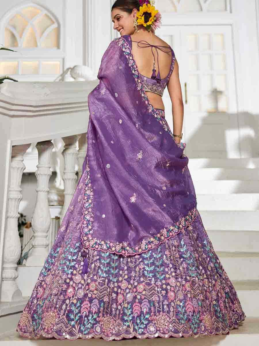 Purple Tissue Embroidered Reception Wedding Heavy Border Lehenga Choli