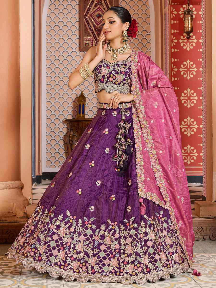 Purple Tissue Embroidered Wedding Reception Festival Heavy Border Lehenga Choli