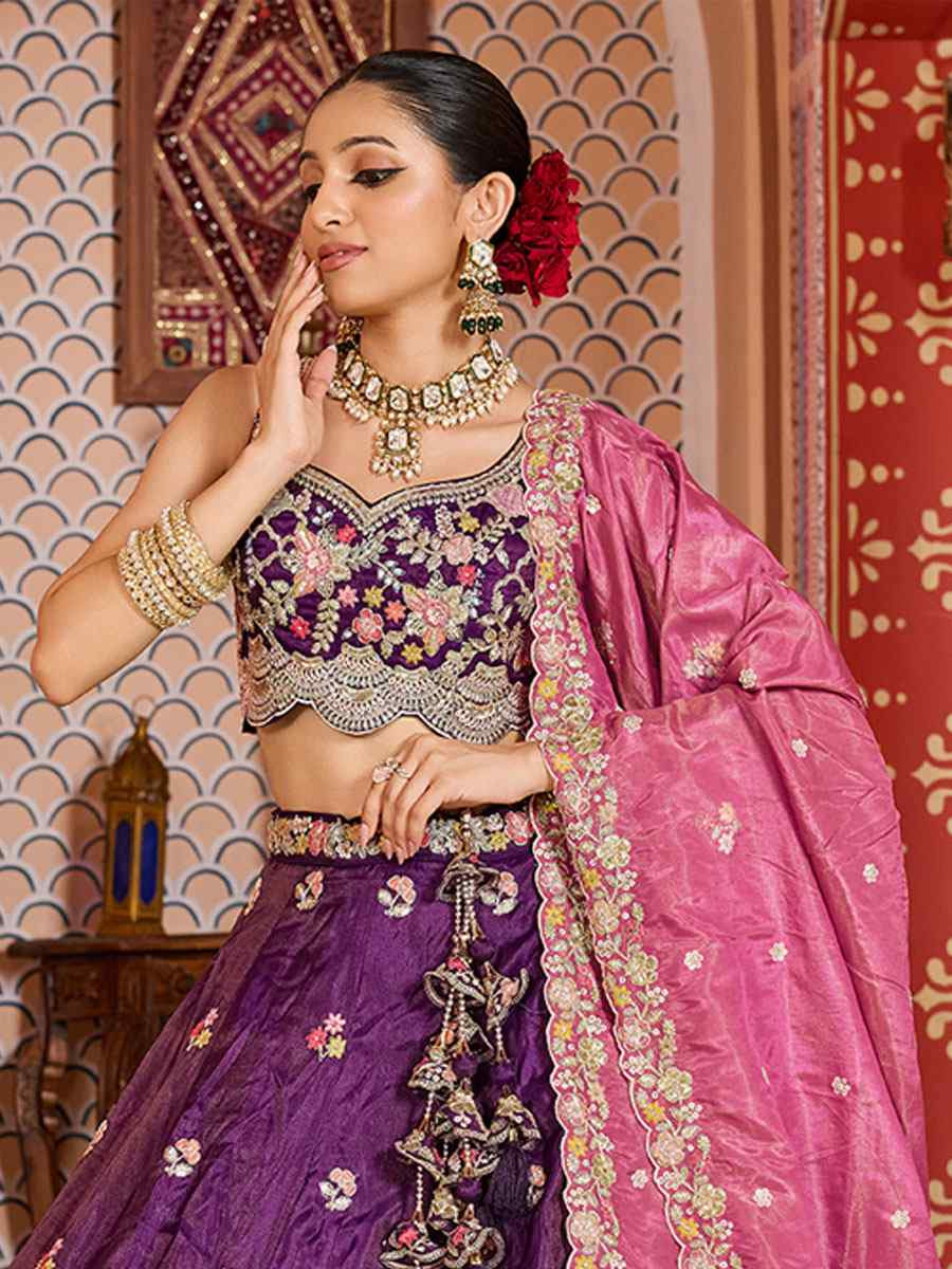 Purple Tissue Embroidered Wedding Reception Festival Heavy Border Lehenga Choli