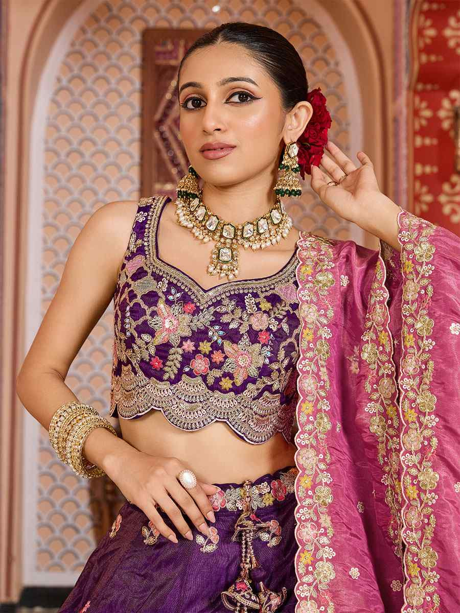 Purple Tissue Embroidered Wedding Reception Festival Heavy Border Lehenga Choli