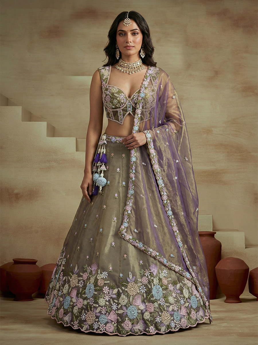 Purple Tissue Embroidery Wedding Reception Party Festival Heavy Border Lehenga Choli