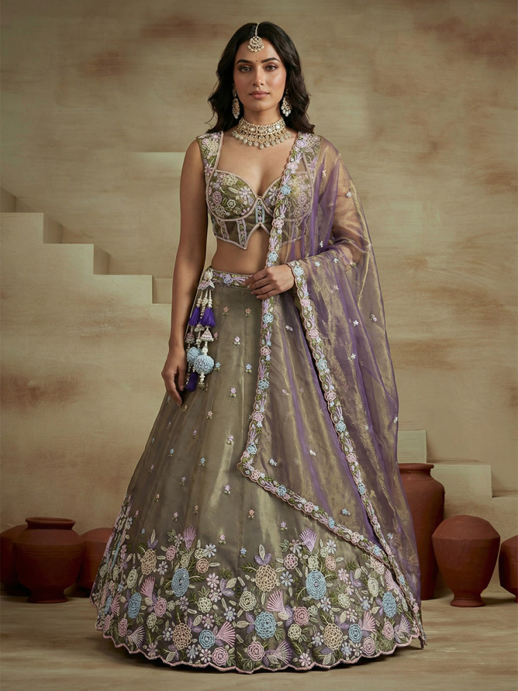 Image of Purple Tissue Embroidery Wedding Reception Party Festival Heavy Border Lehenga Choli