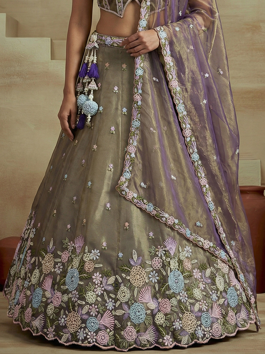 Purple Tissue Embroidery Wedding Reception Party Festival Heavy Border Lehenga Choli